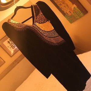 Sequin embroidered, lined velvet V neck sheath